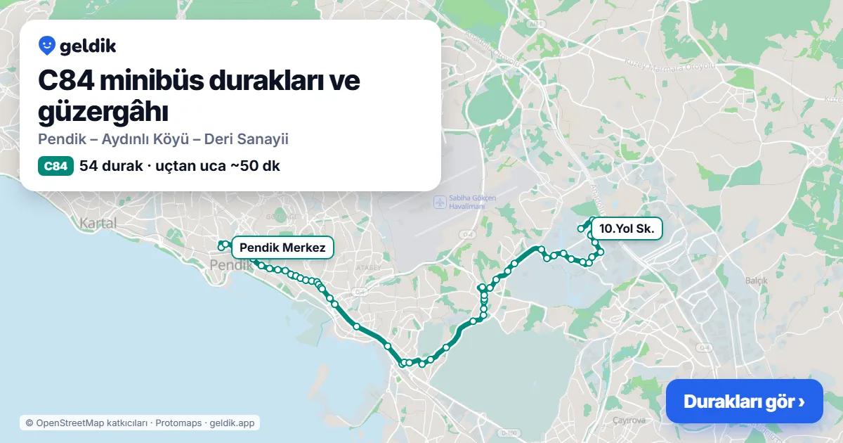 C84 minibüs güzergâhı haritası: 54 durak