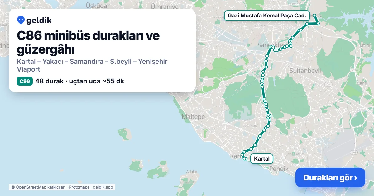 C86 minibüs güzergâhı haritası: 48 durak