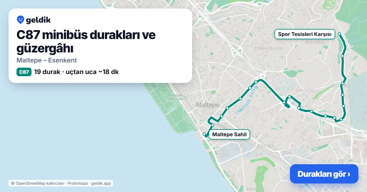 C87 minibüs güzergâhı haritası: 19 durak
