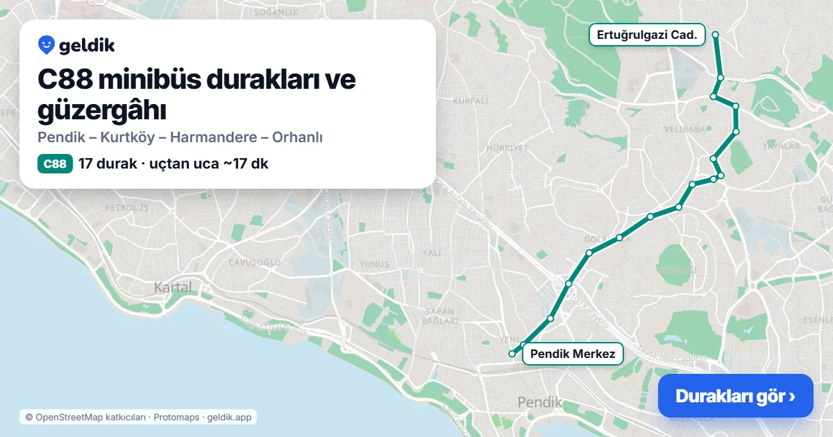 C88 minibüs güzergâhı haritası: 17 durak