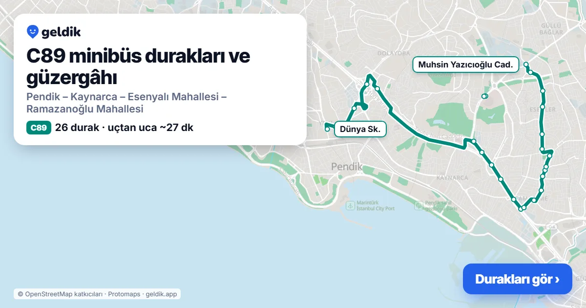 C89 minibüs güzergâhı haritası: 26 durak