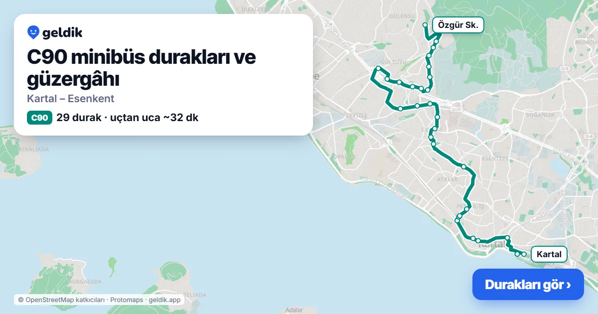 C90 minibüs güzergâhı haritası: 29 durak
