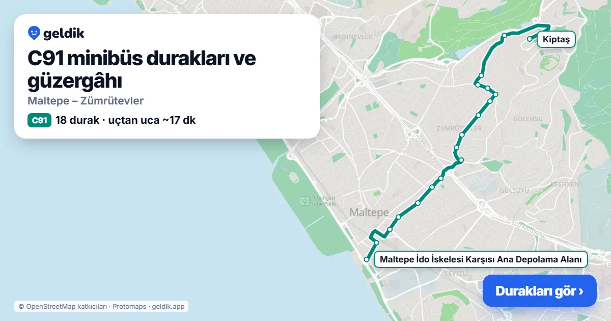 C91 minibüs güzergâhı haritası: 18 durak
