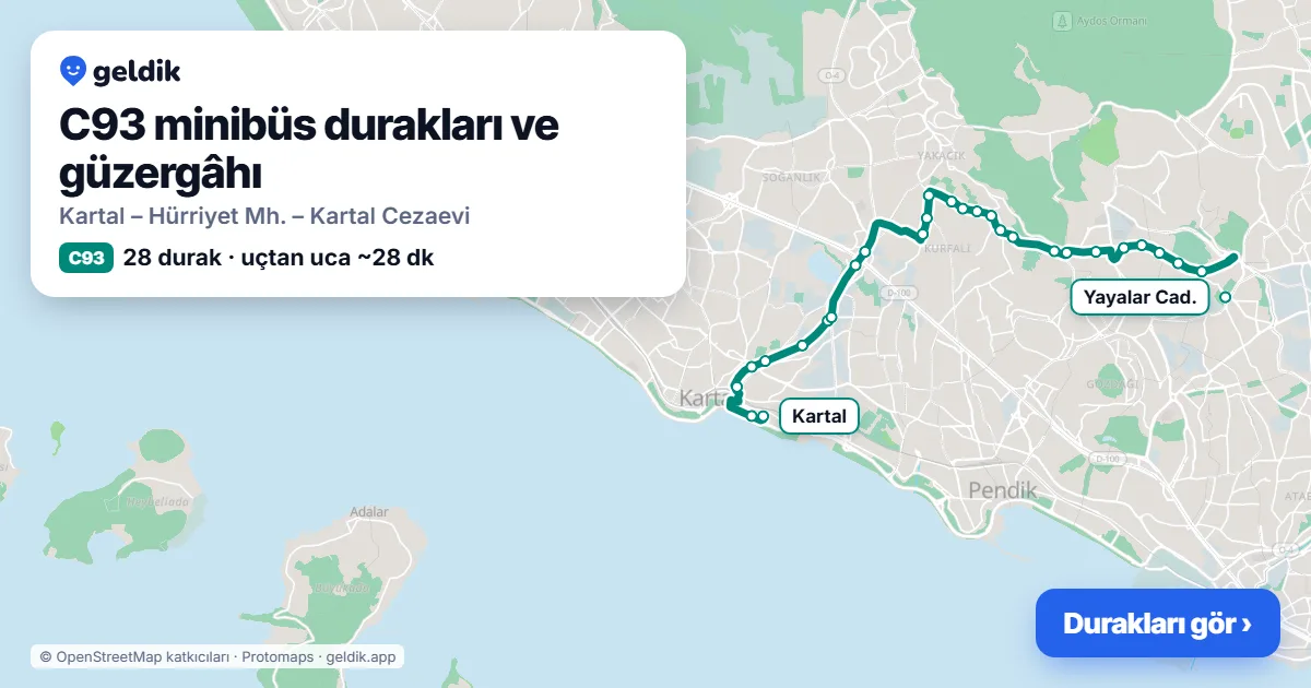 C93 minibüs güzergâhı haritası: 28 durak