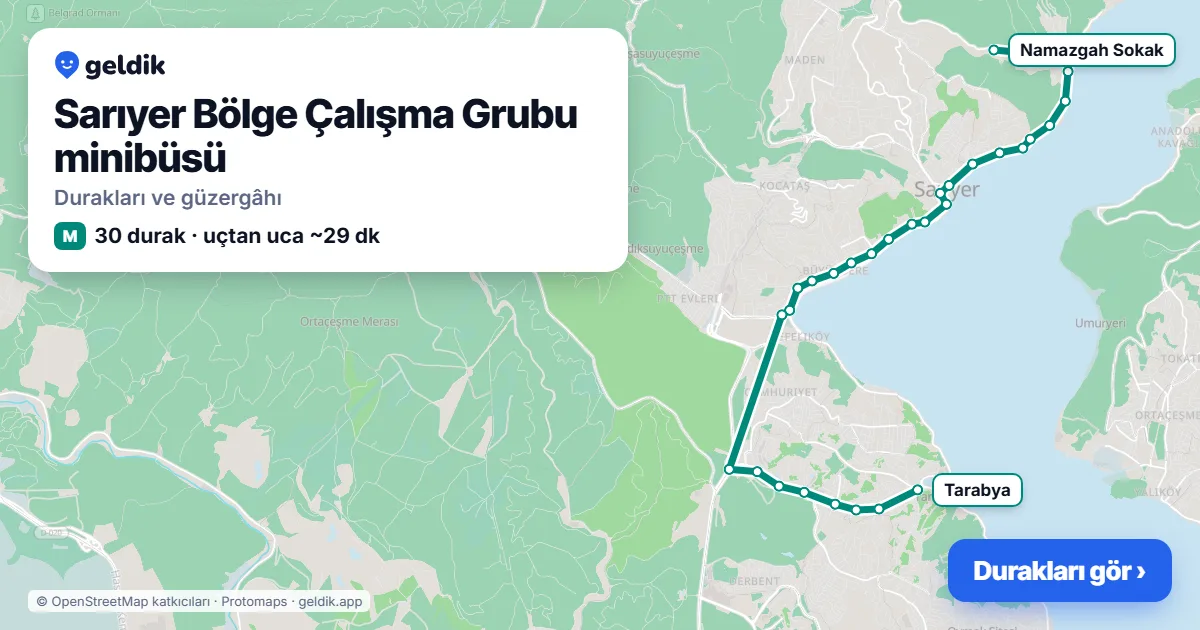 Sarıyer Bölge Çalışma Grubu minibüsü güzergâhı haritası: 30 durak