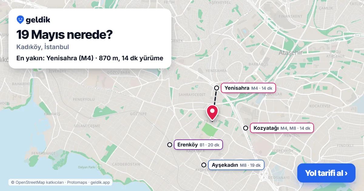 19 Mayıs nerede: haritada 19 Mayıs (Kadıköy) ve en yakın istasyonlar, yürüme süresiyle