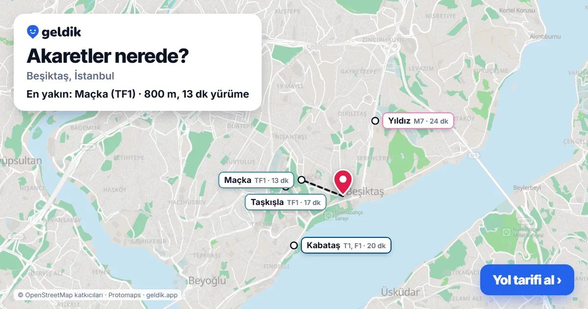 Akaretler nerede: haritada Akaretler (Beşiktaş) ve en yakın istasyonlar, yürüme süresiyle