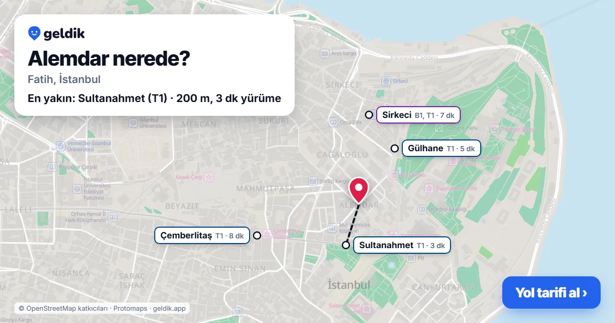Alemdar nerede: haritada Alemdar (Fatih) ve en yakın istasyonlar, yürüme süresiyle