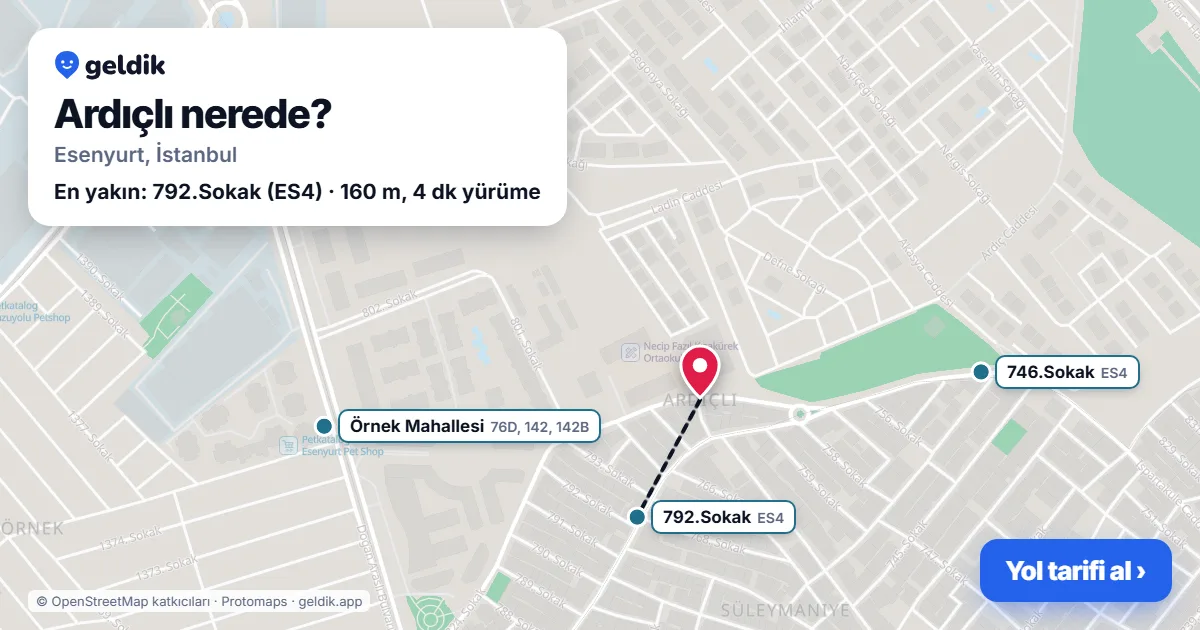 Ardıçlı nerede: haritada Ardıçlı (Esenyurt) ve en yakın otobüs durakları, yürüme süresiyle
