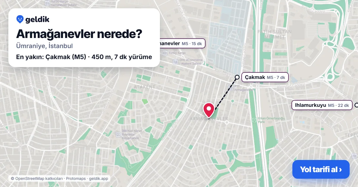 Armağanevler nerede: haritada Armağanevler (Ümraniye) ve en yakın istasyonlar, yürüme süresiyle