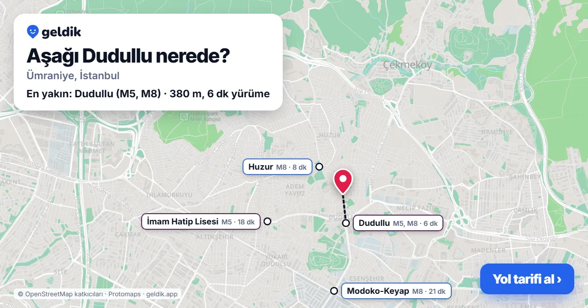 Aşağı Dudullu nerede: haritada Aşağı Dudullu (Ümraniye) ve en yakın istasyonlar, yürüme süresiyle