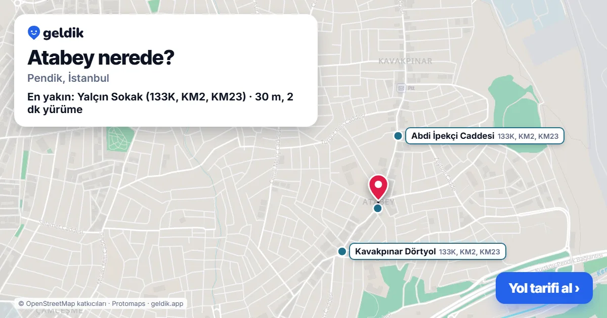 Atabey nerede: haritada Atabey (Pendik) ve en yakın otobüs durakları, yürüme süresiyle
