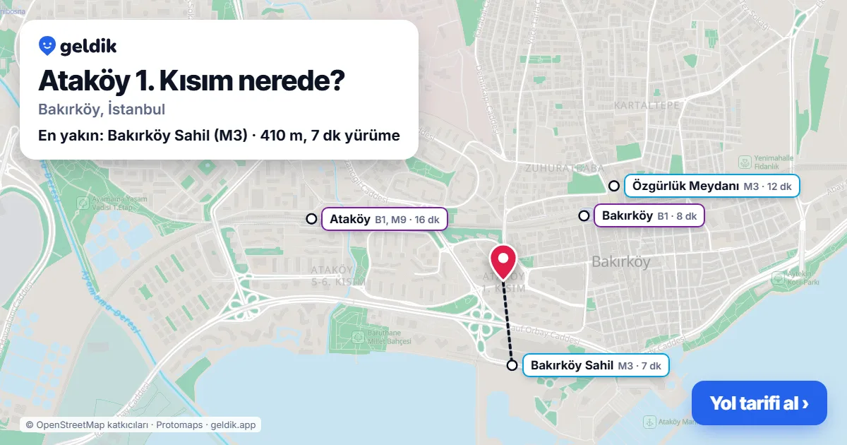 Ataköy 1. Kısım nerede: haritada Ataköy 1. Kısım (Bakırköy) ve en yakın istasyonlar, yürüme süresiyle
