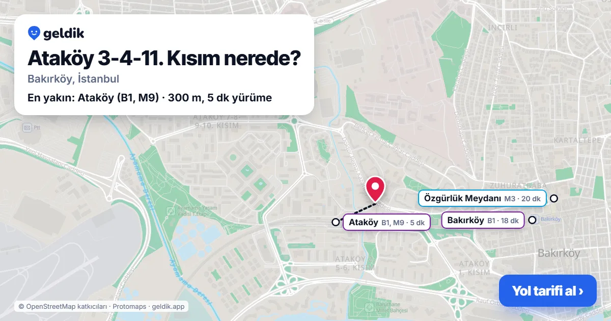 Ataköy 3-4-11. Kısım nerede: haritada Ataköy 3-4-11. Kısım (Bakırköy) ve en yakın istasyonlar, yürüme süresiyle