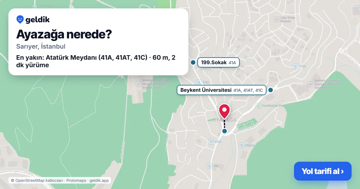 Ayazağa nerede: haritada Ayazağa (Sarıyer) ve en yakın otobüs durakları, yürüme süresiyle