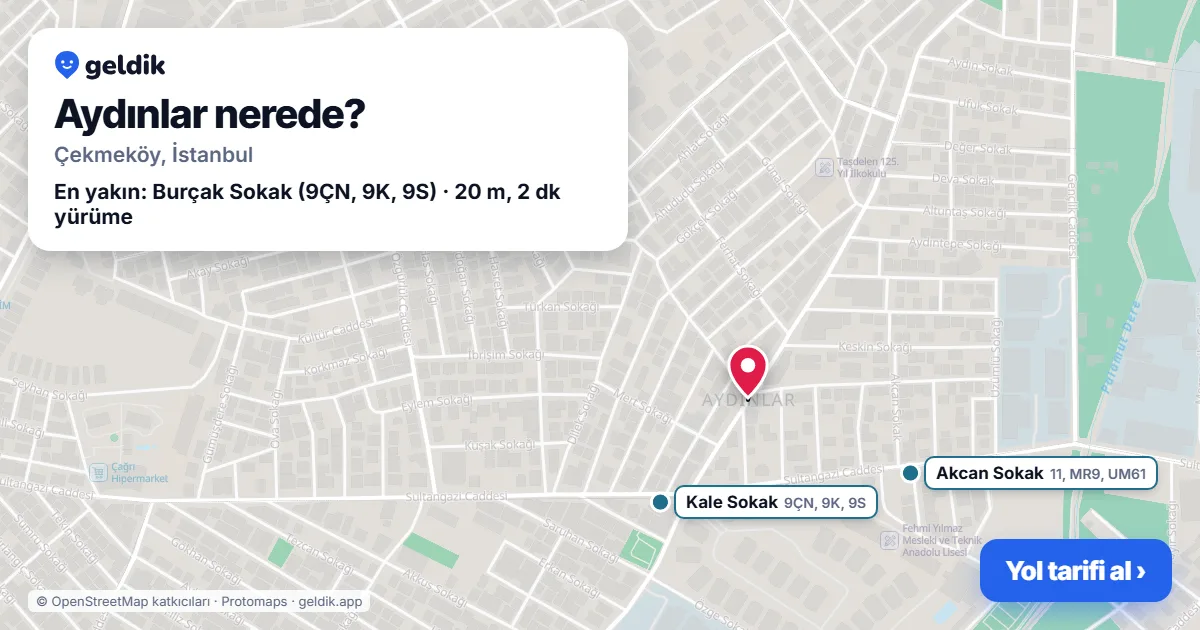 Aydınlar nerede: haritada Aydınlar (Çekmeköy) ve en yakın otobüs durakları, yürüme süresiyle