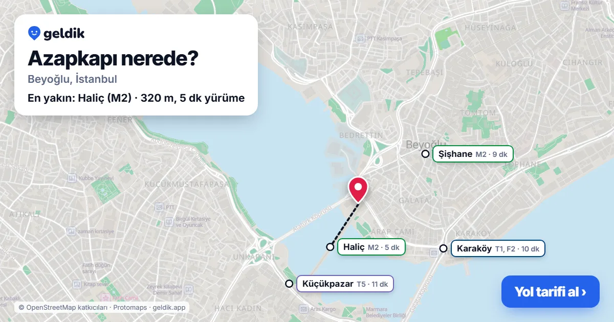 Azapkapı nerede: haritada Azapkapı (Beyoğlu) ve en yakın istasyonlar, yürüme süresiyle
