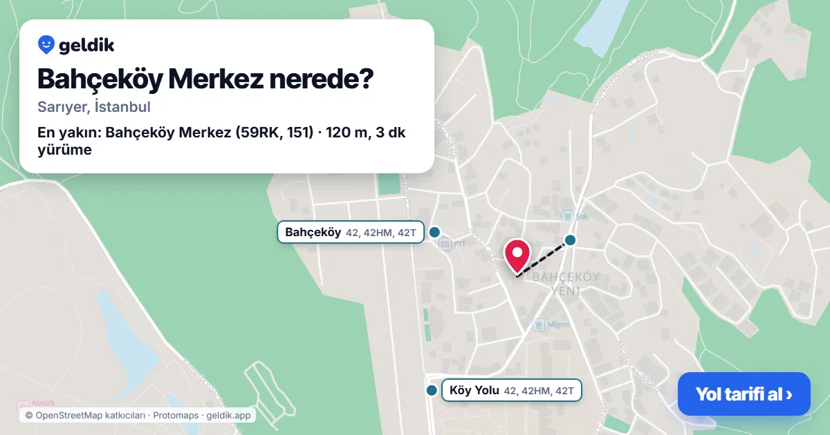Bahçeköy Merkez nerede: haritada Bahçeköy Merkez (Sarıyer) ve en yakın otobüs durakları, yürüme süresiyle