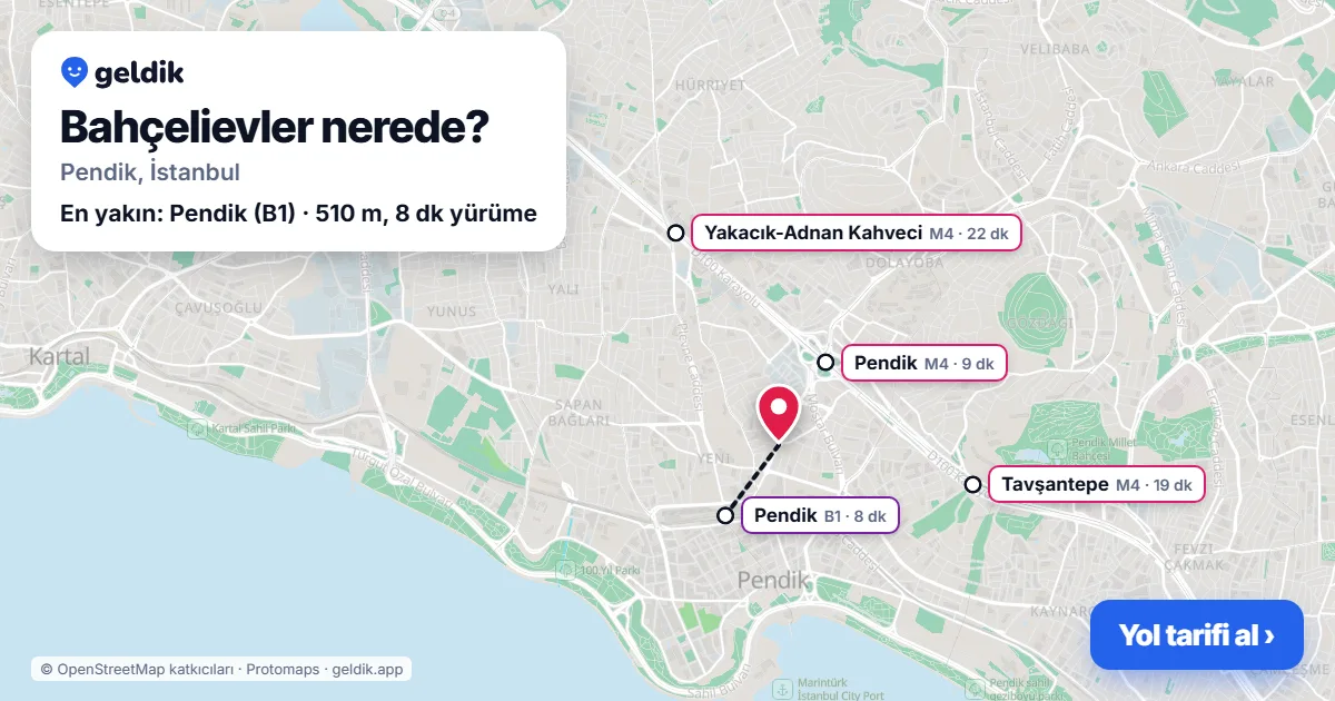 Bahçelievler nerede: haritada Bahçelievler (Pendik) ve en yakın istasyonlar, yürüme süresiyle