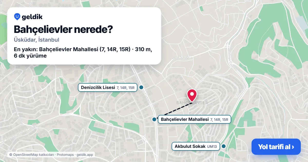 Bahçelievler nerede: haritada Bahçelievler (Üsküdar) ve en yakın otobüs durakları, yürüme süresiyle