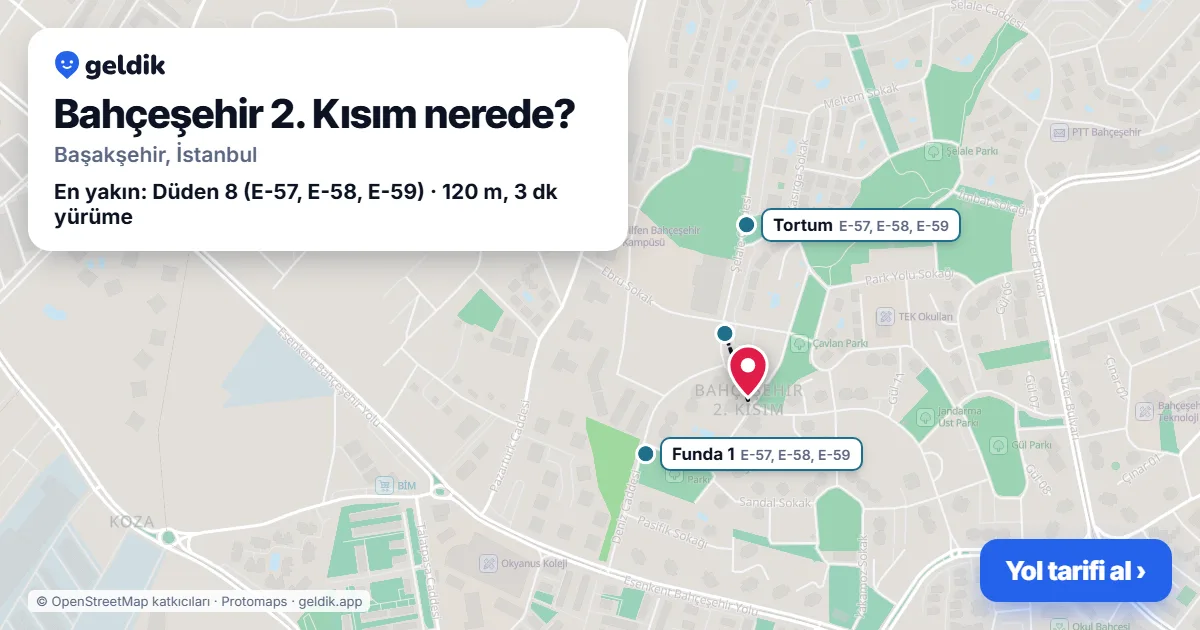 Bahçeşehir 2. Kısım nerede: haritada Bahçeşehir 2. Kısım (Başakşehir) ve en yakın otobüs durakları, yürüme süresiyle