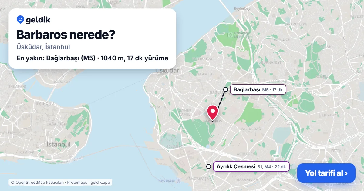 Barbaros nerede: haritada Barbaros (Üsküdar) ve en yakın istasyonlar, yürüme süresiyle