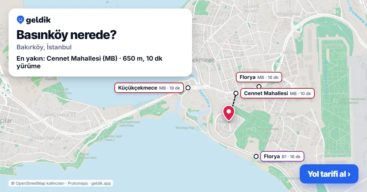 Basınköy nerede: haritada Basınköy (Bakırköy) ve en yakın istasyonlar, yürüme süresiyle