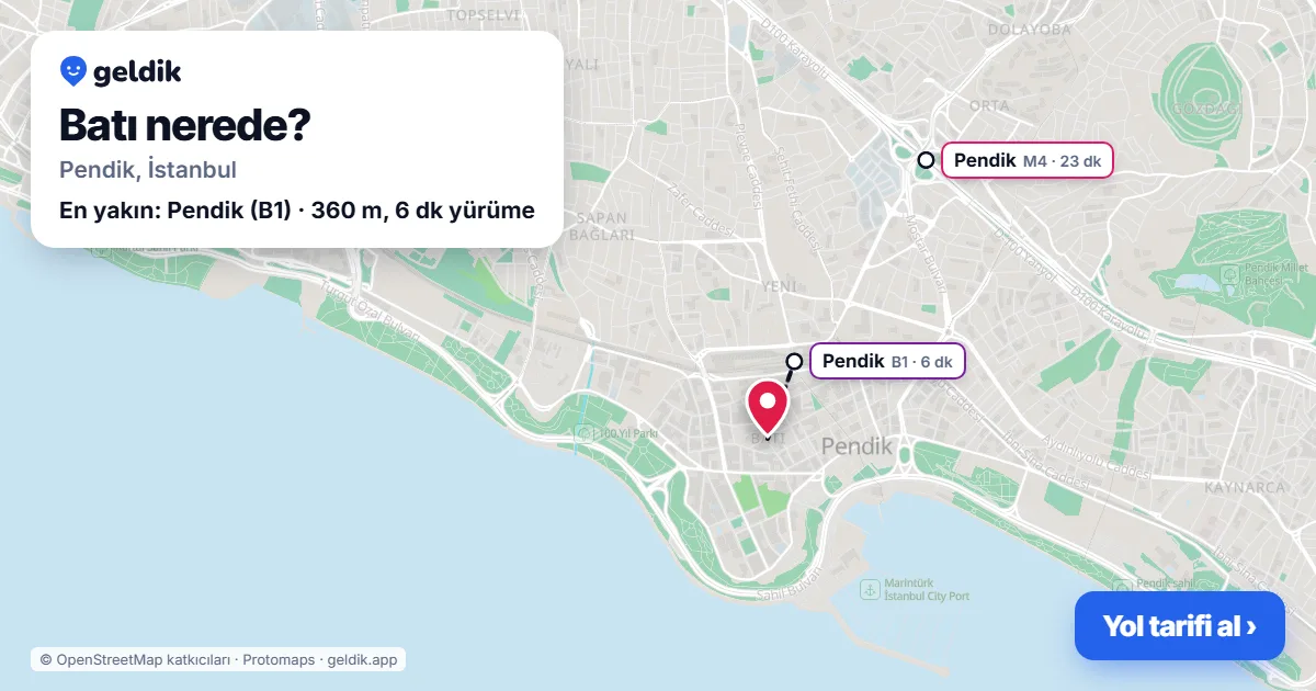 Batı nerede: haritada Batı (Pendik) ve en yakın istasyonlar, yürüme süresiyle