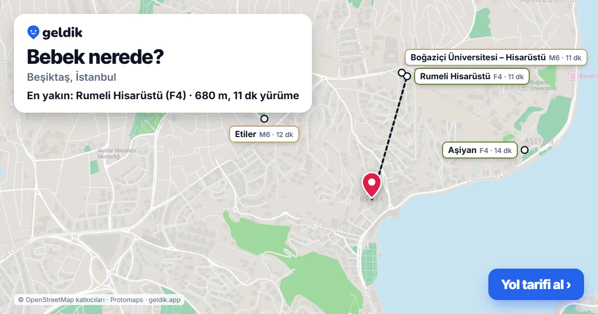 Bebek nerede: haritada Bebek (Beşiktaş) ve en yakın istasyonlar, yürüme süresiyle