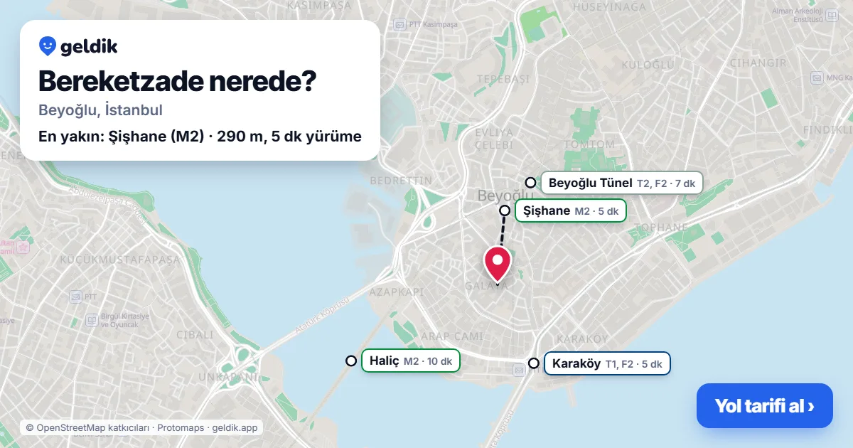 Bereketzade nerede: haritada Bereketzade (Beyoğlu) ve en yakın istasyonlar, yürüme süresiyle