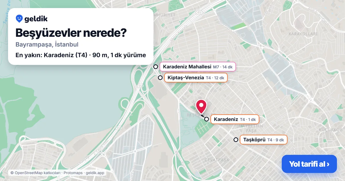 Beşyüzevler nerede: haritada Beşyüzevler (Bayrampaşa) ve en yakın istasyonlar, yürüme süresiyle