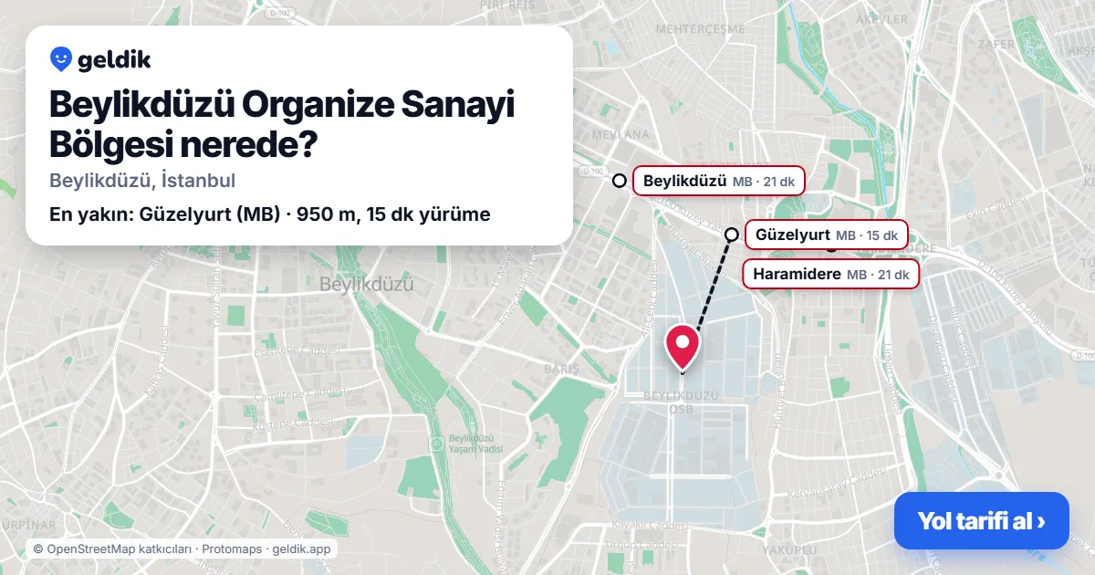 Beylikdüzü Organize Sanayi Bölgesi nerede: haritada Beylikdüzü Organize Sanayi Bölgesi (Beylikdüzü) ve en yakın istasyonlar, yürüme süresiyle
