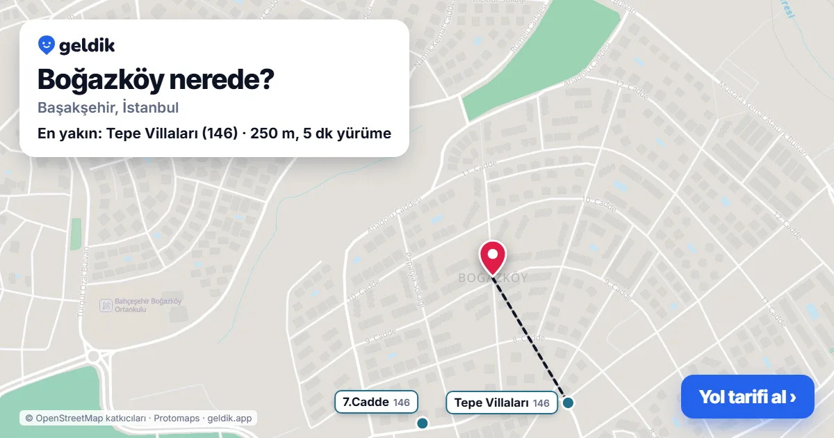 Boğazköy nerede: haritada Boğazköy (Başakşehir) ve en yakın otobüs durakları, yürüme süresiyle