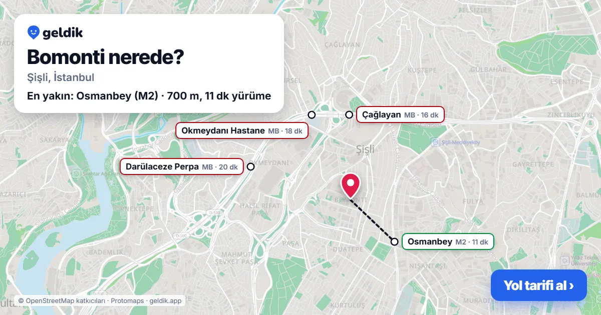 Bomonti nerede: haritada Bomonti (Şişli) ve en yakın istasyonlar, yürüme süresiyle
