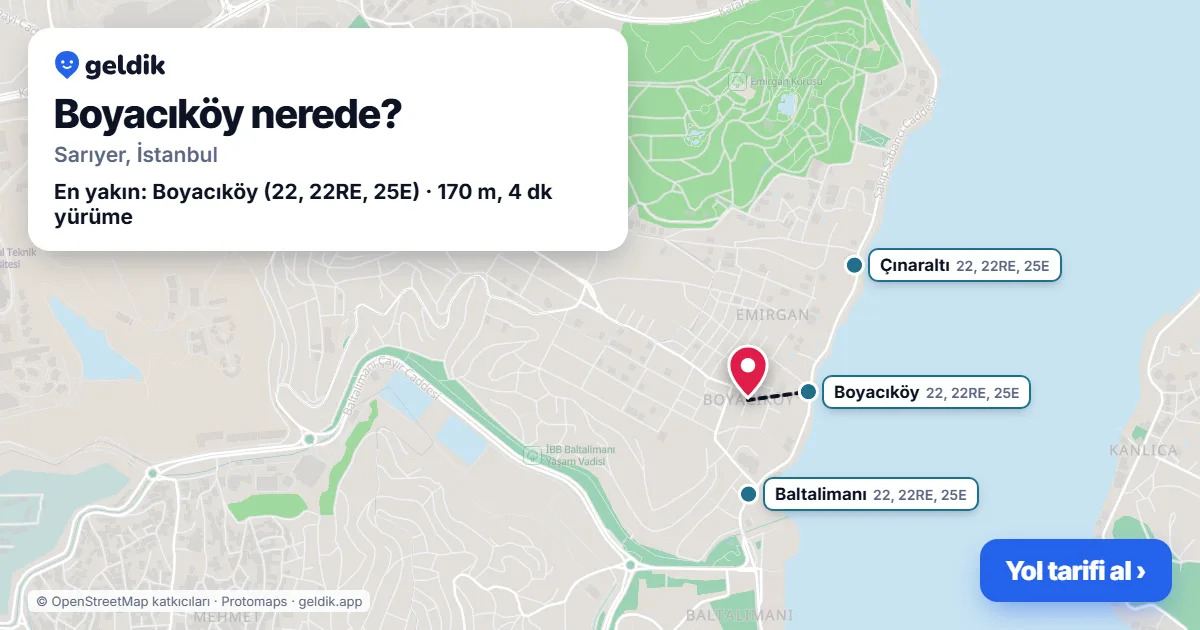 Boyacıköy nerede: haritada Boyacıköy (Sarıyer) ve en yakın otobüs durakları, yürüme süresiyle