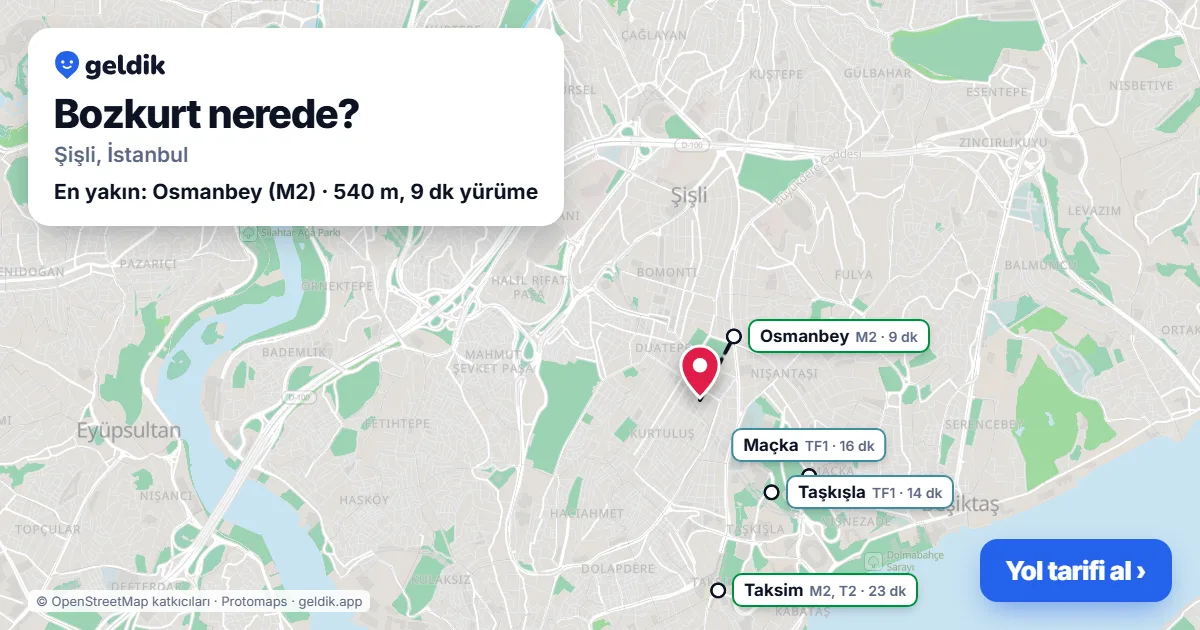 Bozkurt nerede: haritada Bozkurt (Şişli) ve en yakın istasyonlar, yürüme süresiyle