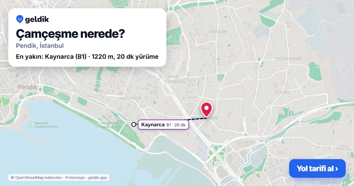 Çamçeşme nerede: haritada Çamçeşme (Pendik) ve en yakın istasyonlar, yürüme süresiyle