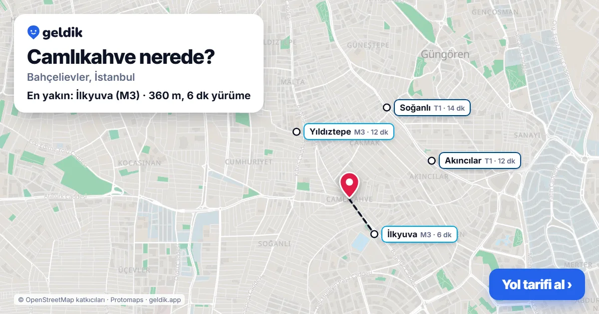 Camlıkahve nerede: haritada Camlıkahve (Bahçelievler) ve en yakın istasyonlar, yürüme süresiyle