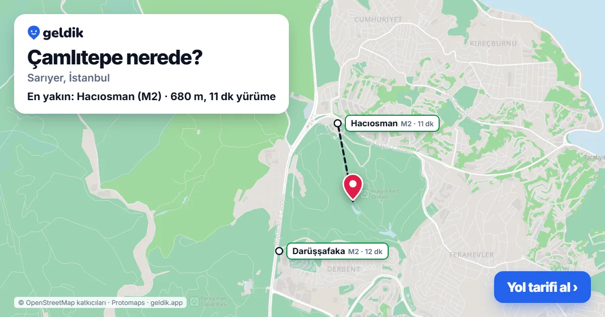 Çamlıtepe nerede: haritada Çamlıtepe (Sarıyer) ve en yakın istasyonlar, yürüme süresiyle