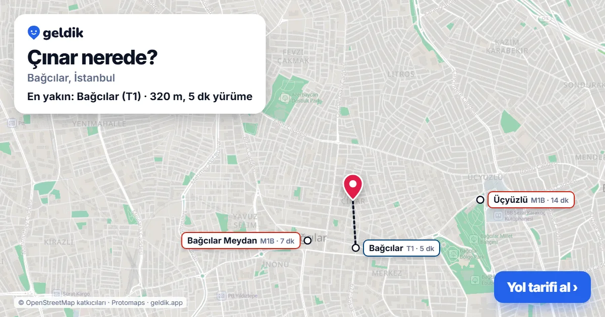 Çınar nerede: haritada Çınar (Bağcılar) ve en yakın istasyonlar, yürüme süresiyle