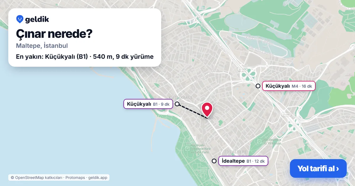 Çınar nerede: haritada Çınar (Maltepe) ve en yakın istasyonlar, yürüme süresiyle