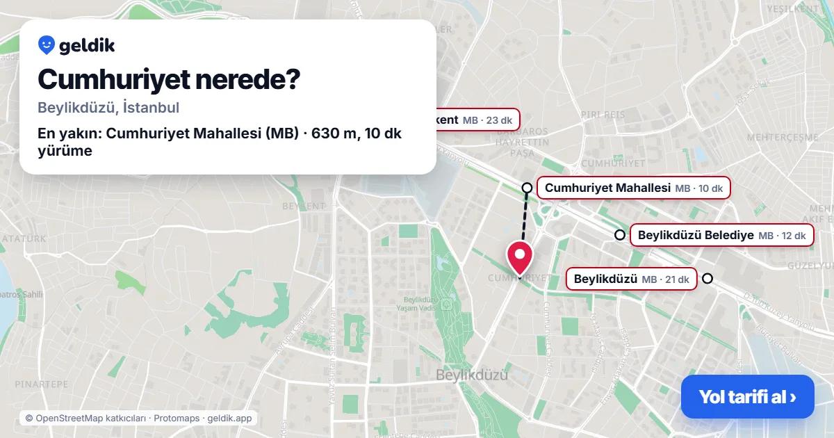 Cumhuriyet nerede: haritada Cumhuriyet (Beylikdüzü) ve en yakın istasyonlar, yürüme süresiyle
