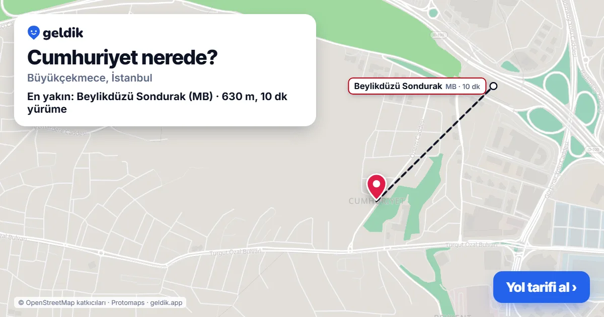 Cumhuriyet nerede: haritada Cumhuriyet (Büyükçekmece) ve en yakın istasyonlar, yürüme süresiyle
