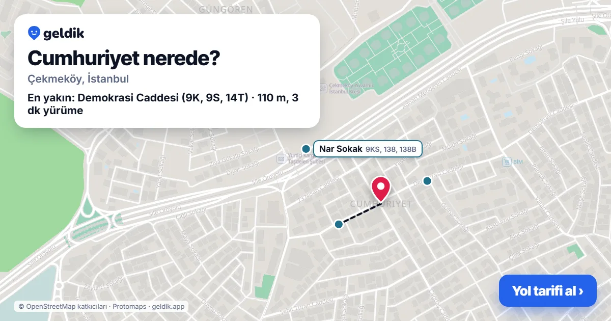 Cumhuriyet nerede: haritada Cumhuriyet (Çekmeköy) ve en yakın otobüs durakları, yürüme süresiyle