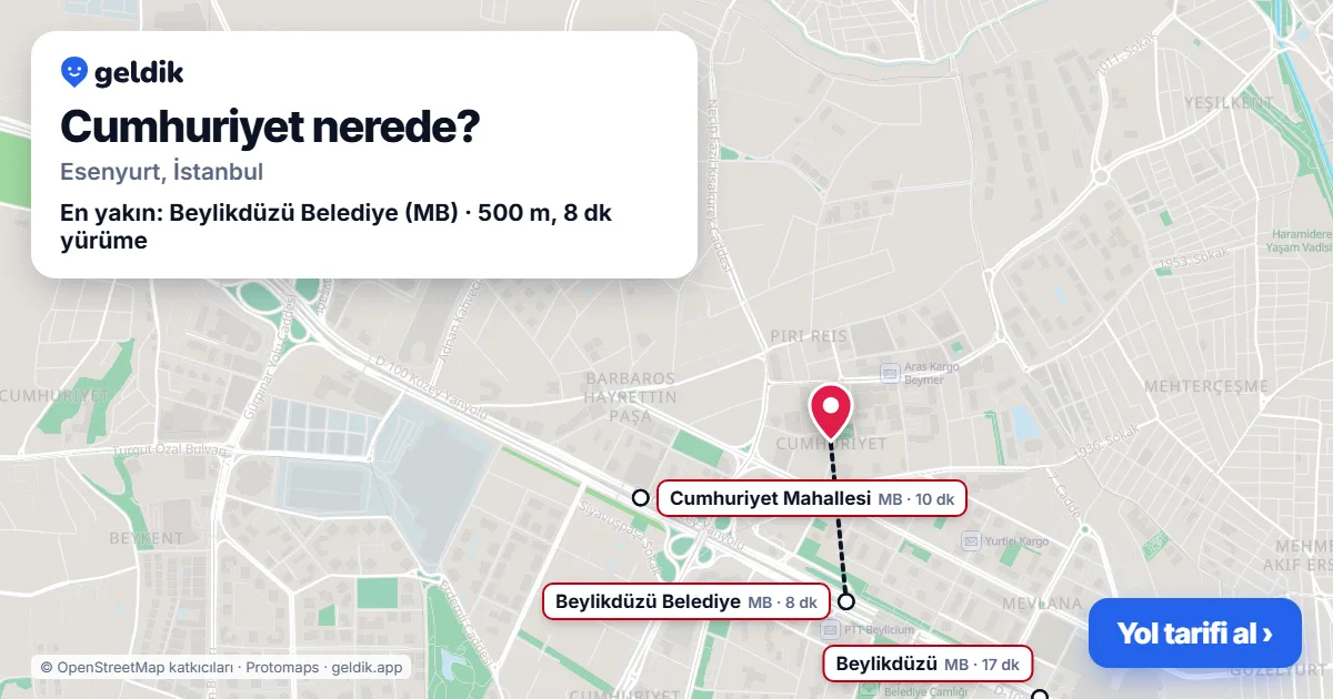 Cumhuriyet nerede: haritada Cumhuriyet (Esenyurt) ve en yakın istasyonlar, yürüme süresiyle