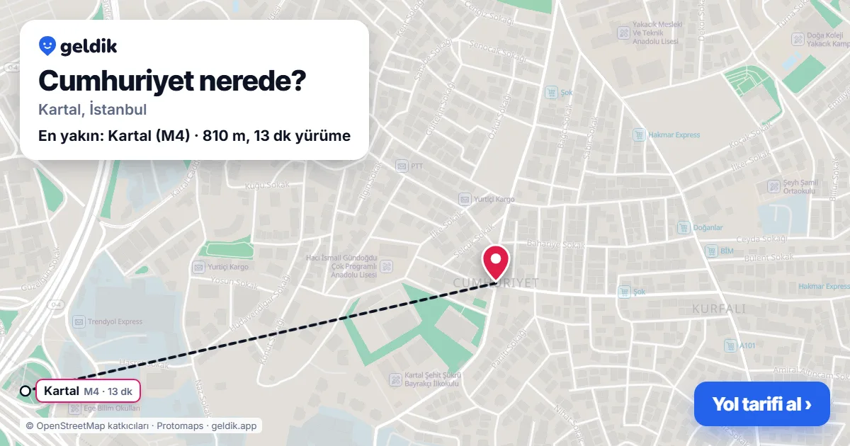 Cumhuriyet nerede: haritada Cumhuriyet (Kartal) ve en yakın istasyonlar, yürüme süresiyle