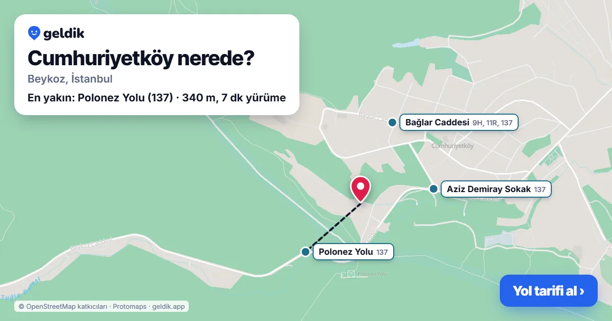 Cumhuriyetköy nerede: haritada Cumhuriyetköy (Beykoz) ve en yakın otobüs durakları, yürüme süresiyle