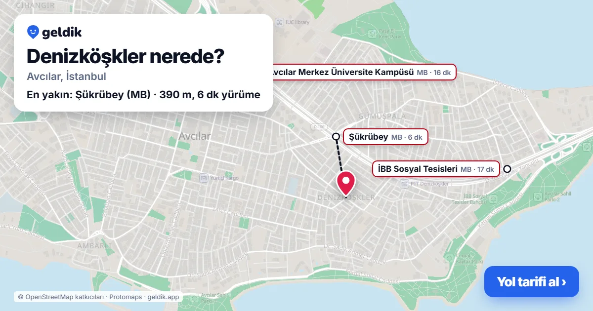 Denizköşkler nerede: haritada Denizköşkler (Avcılar) ve en yakın istasyonlar, yürüme süresiyle