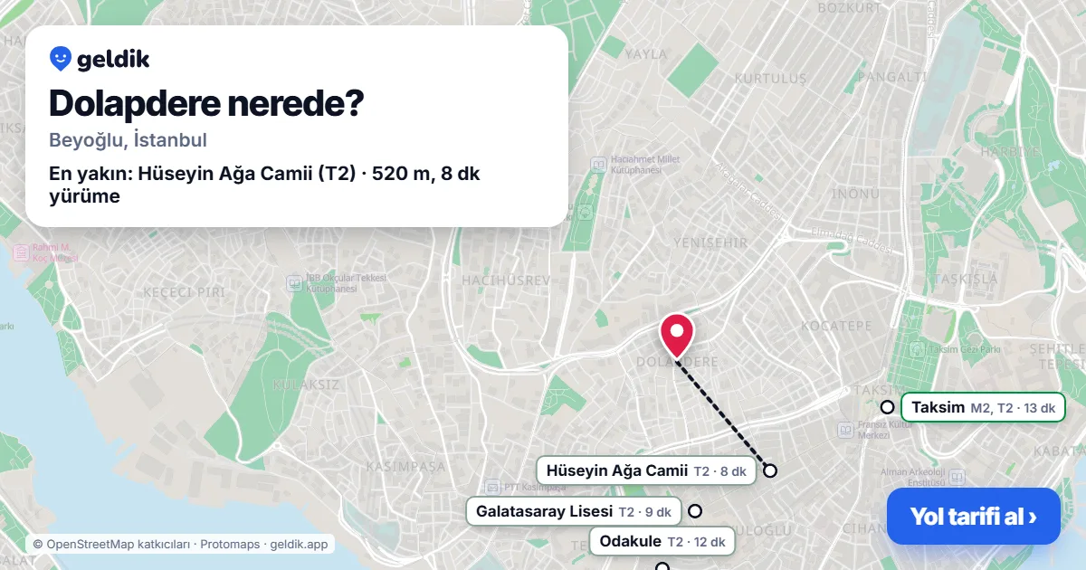 Dolapdere nerede: haritada Dolapdere (Beyoğlu) ve en yakın istasyonlar, yürüme süresiyle