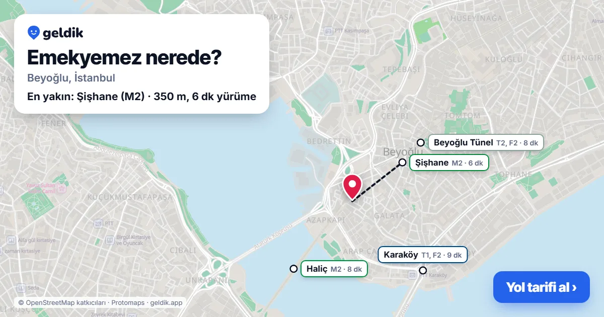Emekyemez nerede: haritada Emekyemez (Beyoğlu) ve en yakın istasyonlar, yürüme süresiyle